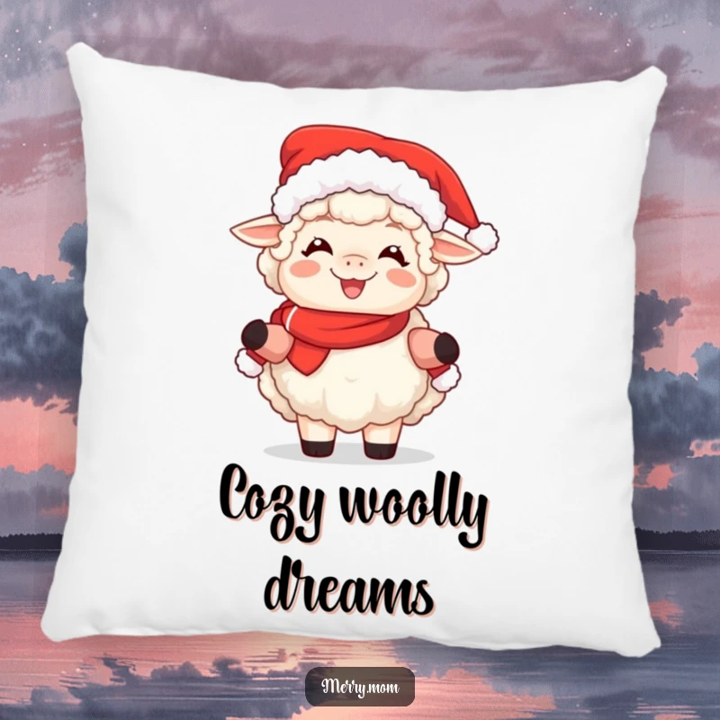 Funny accent pillow featuring a fluffy sheep dressed as Mrs. Claus, beaming with heartwarming joy.