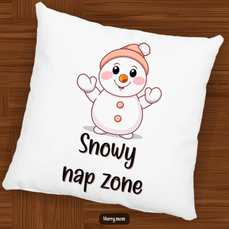 Funny smiling snowman character with carrot nose, waving a mittened hand on a pillow, a cute and cozy winter accent.