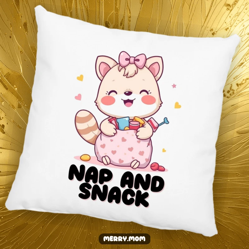 Funny throw pillow featuring a happy animal holding a gift bag stuffed with yummy treats, perfect for cozying up.