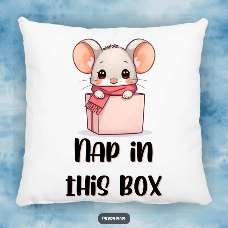 Funny kawaii mouse with a scarf peeking from a gift box, designed on a soft pillow for humorous home decor.