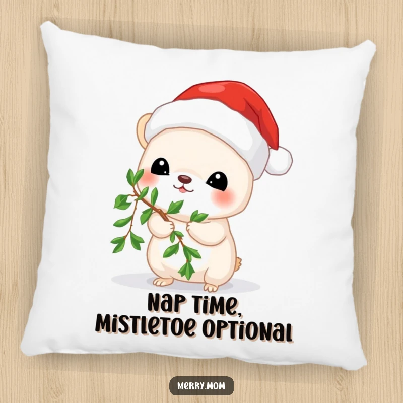 Funny pillow featuring a sweet animal in a Santa hat, playfully holding mistletoe for a holiday hug.