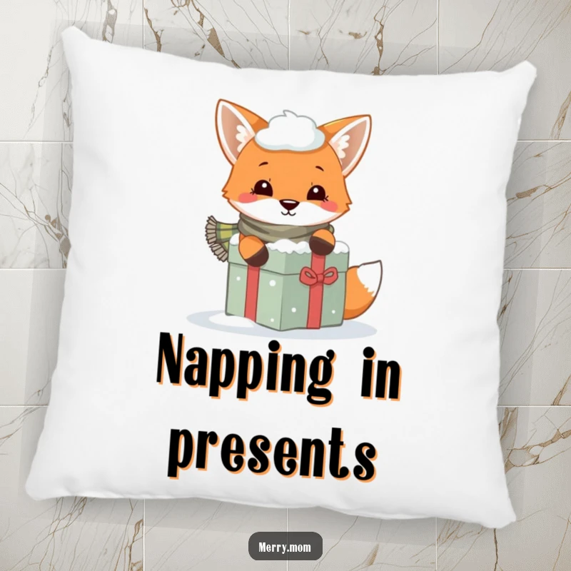 Funny pillow design of a playful fox with a scarf peeking from behind a snowy gift, cozy and cute.