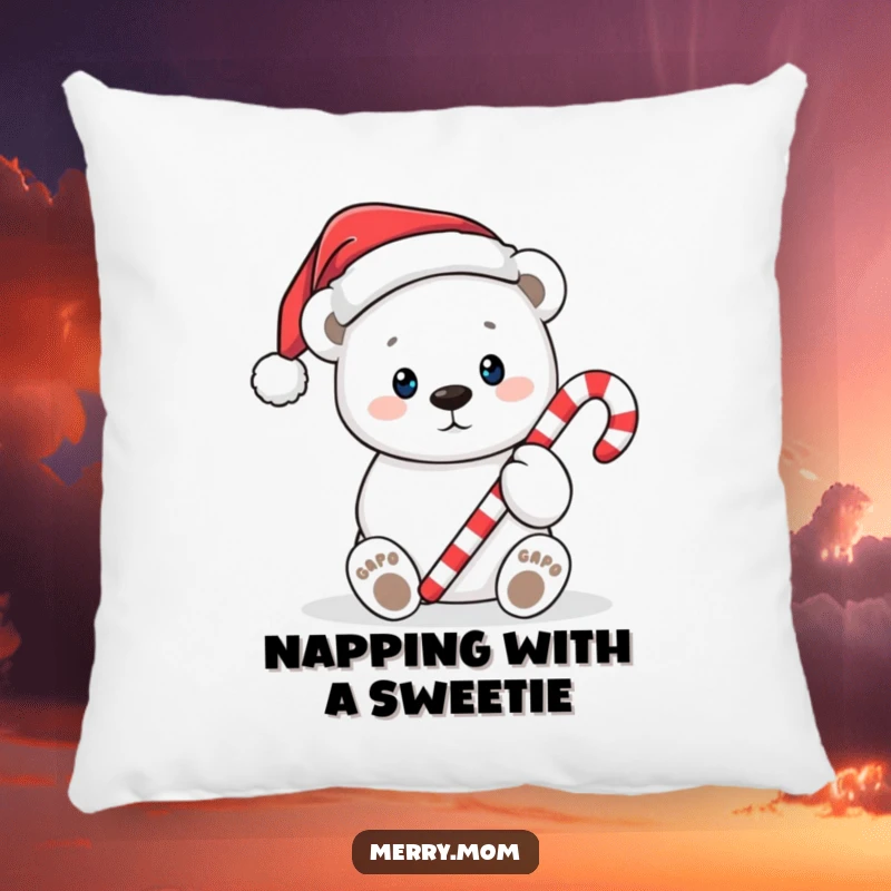 Funny Christmas pillow with a cute polar bear in a Santa hat, offering a candy cane, perfect for cozy holiday lounging.