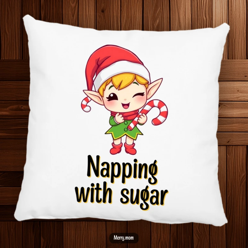 Funny accent pillow featuring a merry elf character winking and offering a candy cane.