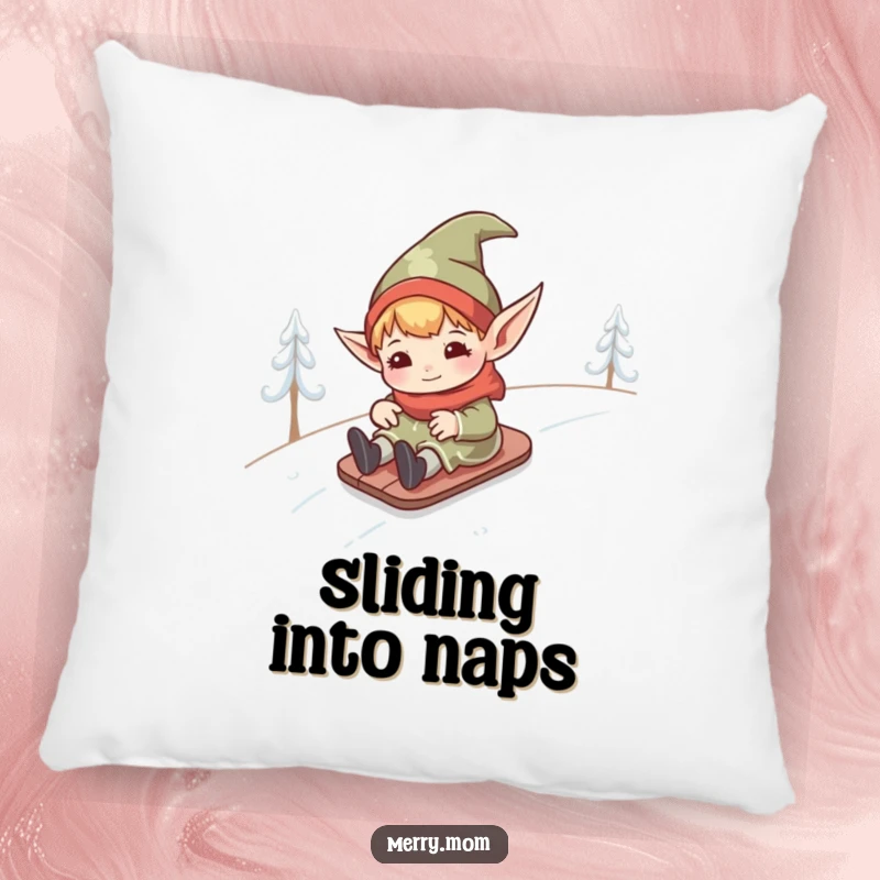 Funny kawaii elf with pointed ears in mid-descent down a snowy hill, a soft and humorous decorative pillow.
