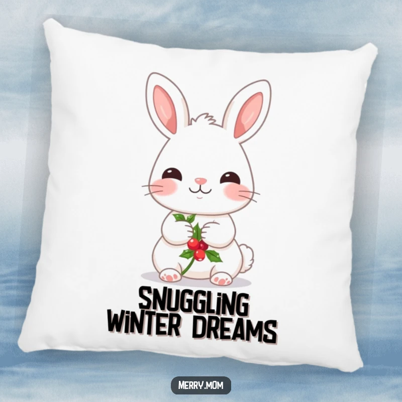 Funny pillow with a kawaii bunny holding a sprig of holly, offering cozy holiday comfort and undeniable cuteness.