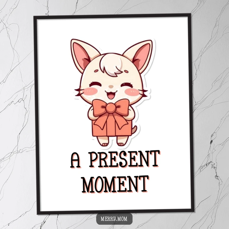 Funny digital art print of a joyful present character with a jauntily tied bow, perfect for instant download and festive decor.