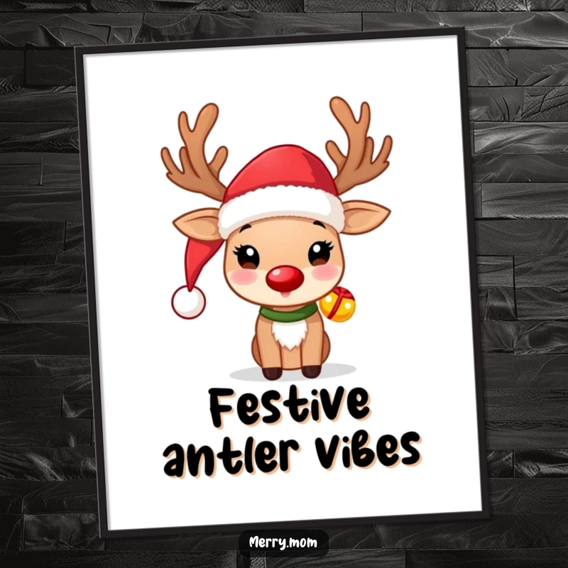 Funny Reindeer Digital Art Print of a cute reindeer wearing a Santa hat and jingle bells, perfect for instant decor.