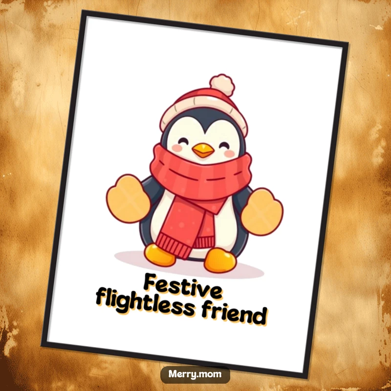 Funny Penguin Digital Art Print of a cartoon penguin in a festive scarf and mittens, creating winter vibes.