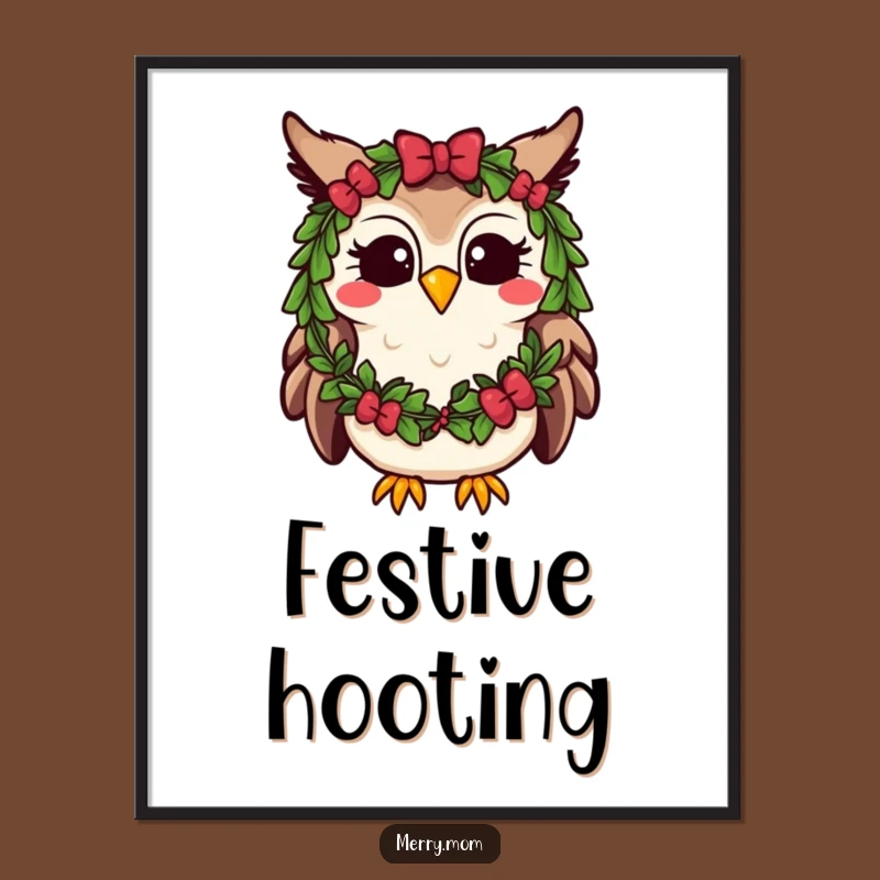 Funny Kawaii Owl Digital Art: Festive Wreath Hoot, Instant Holiday Decor