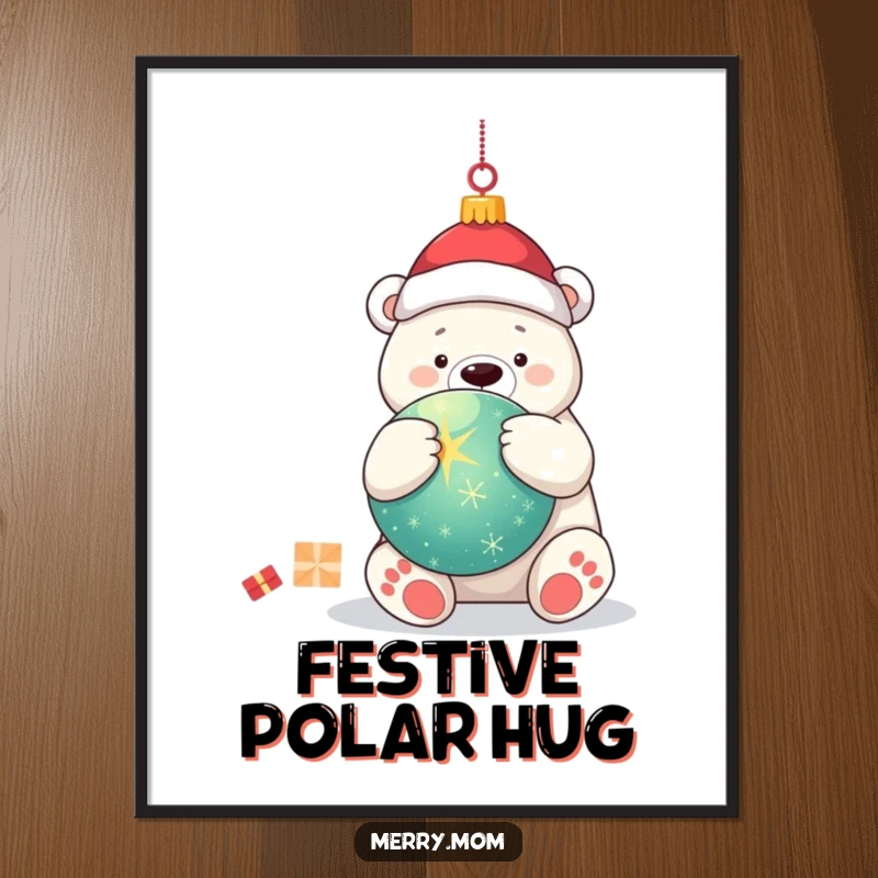Funny kawaii polar bear embracing a large, twinkling Christmas ornament, rendered as a delightful and festive digital art print.