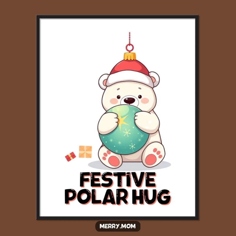 Funny Kawaii Polar Bear Digital Art Print: Hugging Ornament for Festive Decor