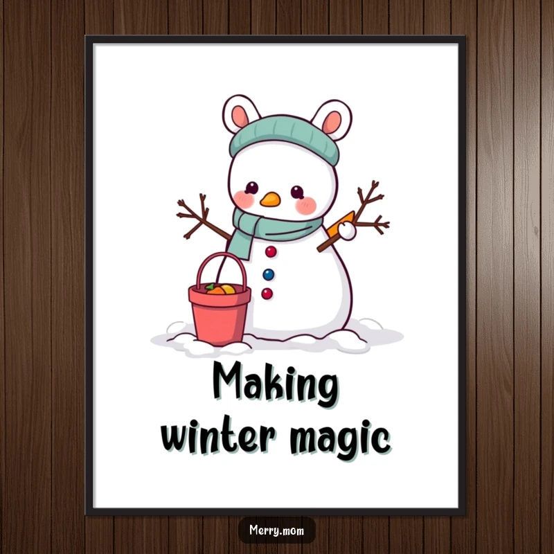 Funny Digital Art Print: An animal building a snowman with a bucket and carrot, printable winter fun.