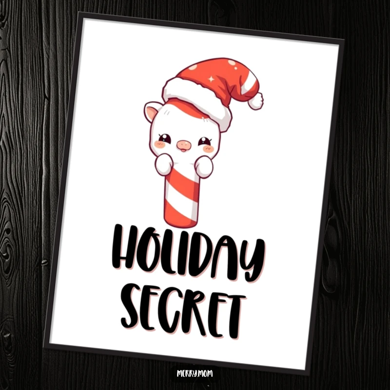 Funny digital art print of a cute creature in a Santa hat peeking from behind a giant candy cane, ideal for festive home decor.