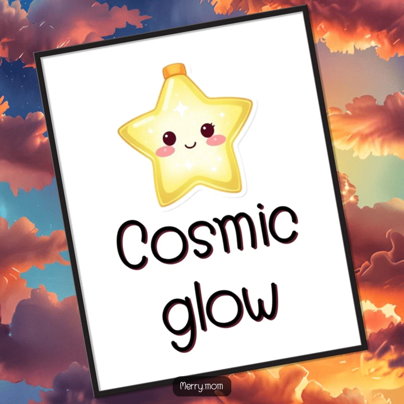 Funny digital art print of a glowing Christmas star character shining brightly, perfect for instant download and celestial wall decor.