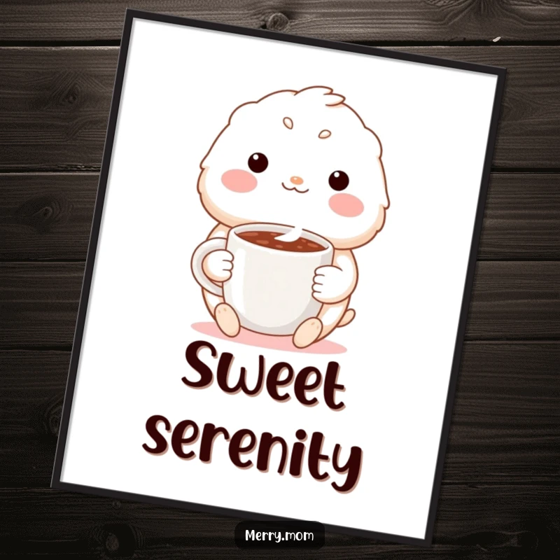 Funny digital art print of a cute creature with a warm smile, holding a steaming mug of cocoa, perfect for cozy home decor.