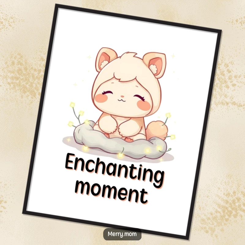 Funny digital art print of a cute creature with a contented sigh, nestled amongst twinkling fairy lights, perfect for calming wall art.