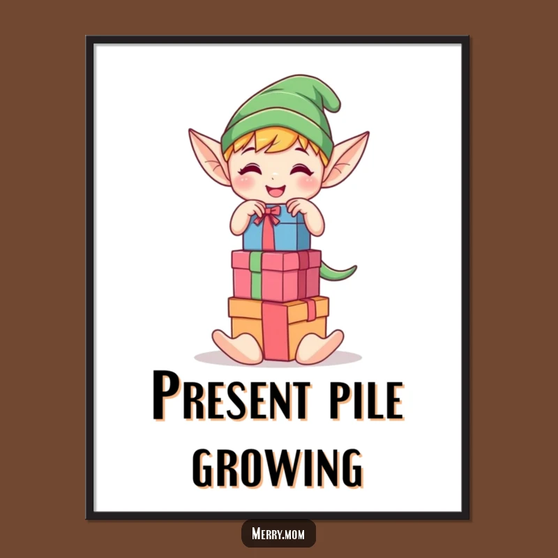 Funny Elf Stacking Gifts Digital Art - Kawaii Christmas Decor, Instant Download Gift