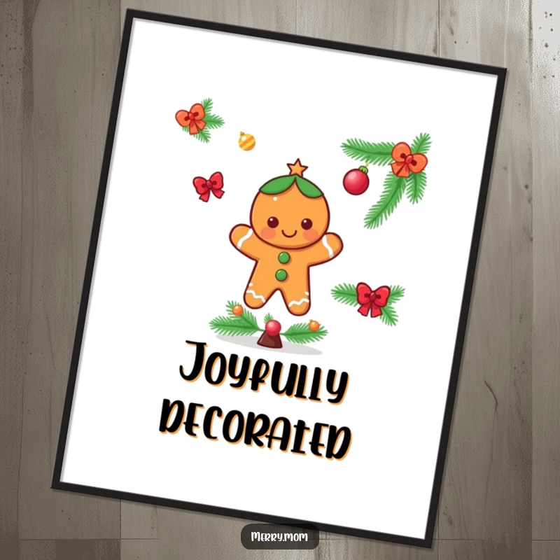 Funny digital art print of a cheerful gingerbread man character decorating a festive Christmas tree, perfect for holiday decor.