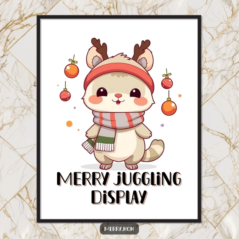 Funny digital art print of a creature in a festive scarf juggling tiny ornaments, bringing immediate holiday cheer.