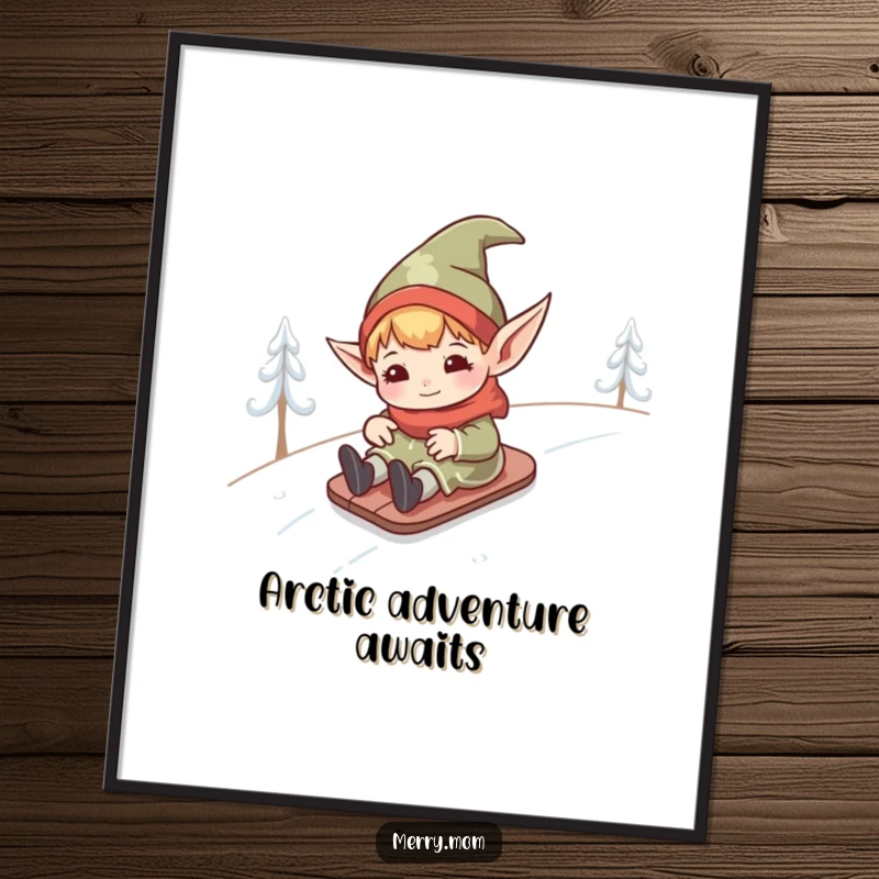 Funny kawaii elf with pointed ears captured in a joyous slide down a snowy hill, presented as vibrant digital art.