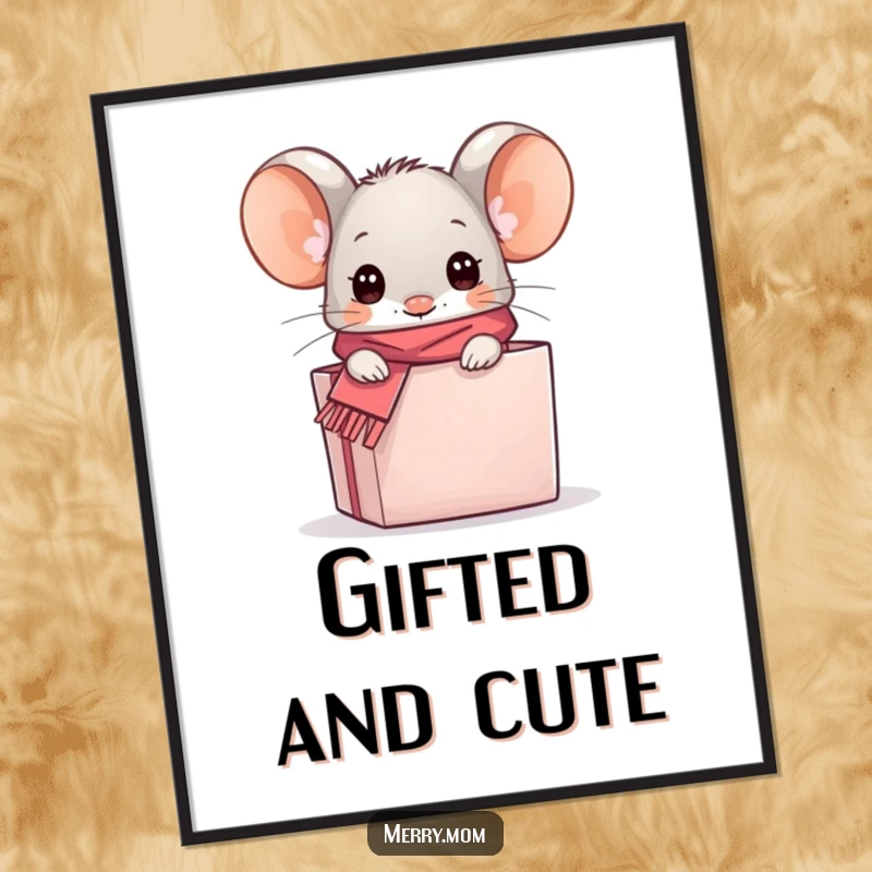 Funny kawaii mouse peeking from a gift box, presented as a digital art print for instant, humorous home decor.