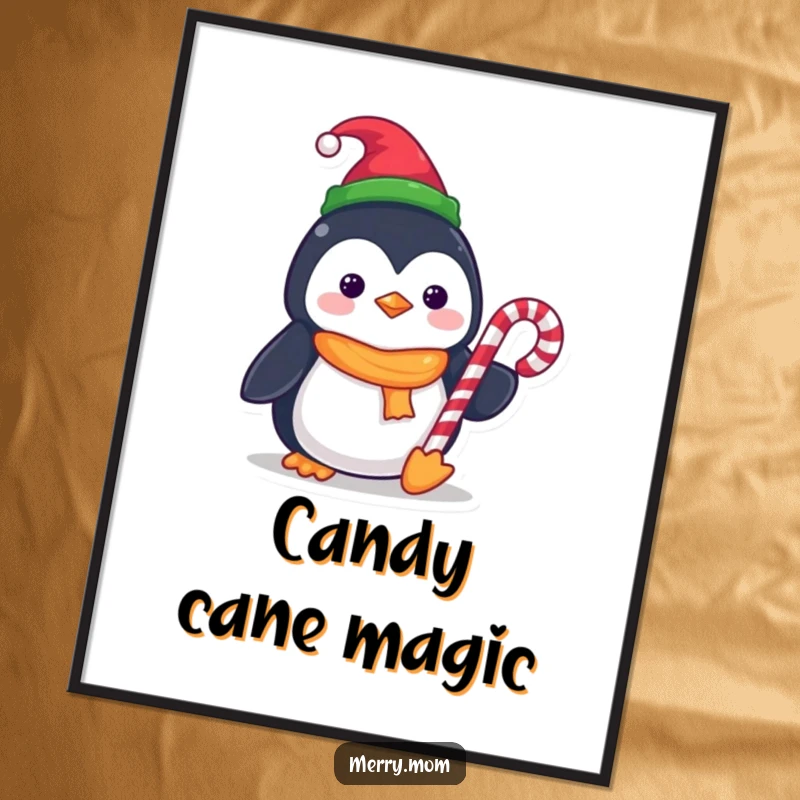 Funny Kawaii Penguin Digital Art Print, featuring an elf hat and a candy cane, for instant charming holiday decoration.