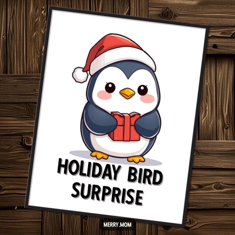 Funny kawaii penguin wearing a Santa hat and holding a gift, rendered as a delightful and festive digital art print.