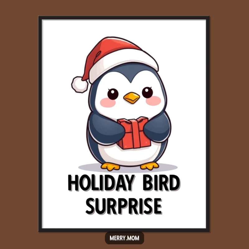 Funny Kawaii Penguin Digital Art Print: Santa Hat & Gift Decor