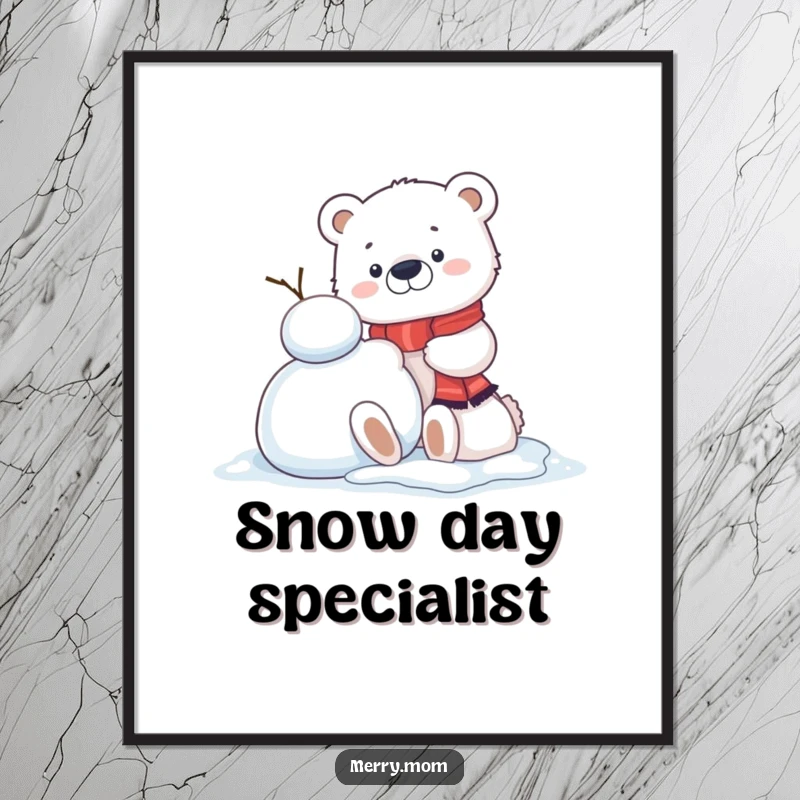 Funny Kawaii Polar Bear Cub Digital Art Print, cheerfully building a snowman, for instant heartwarming winter decoration.