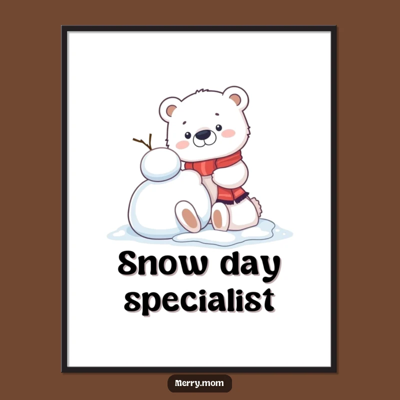 Funny Kawaii Polar Bear Cub Digital Art: Snowman Building Joy, Instant Winter Decor