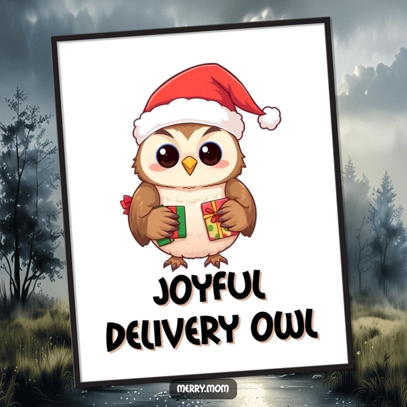 Funny digital art print of a smiling owl wearing a Santa hat, delivering presents.