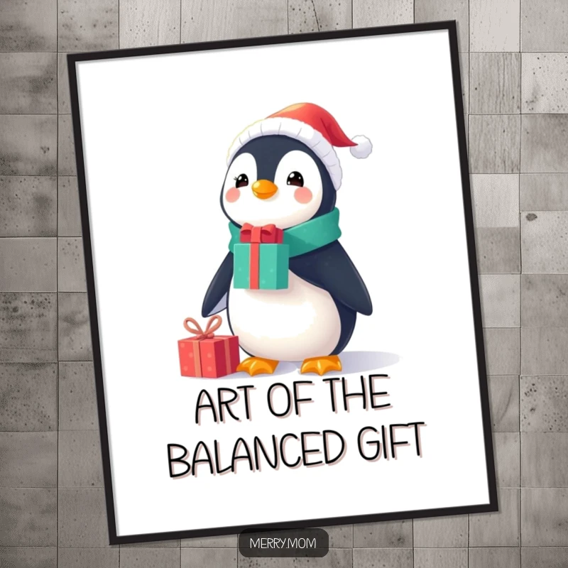 Funny Christmas digital art print of a cheerful penguin in a small Santa suit, balancing gifts on its nose, instantly downloadable.