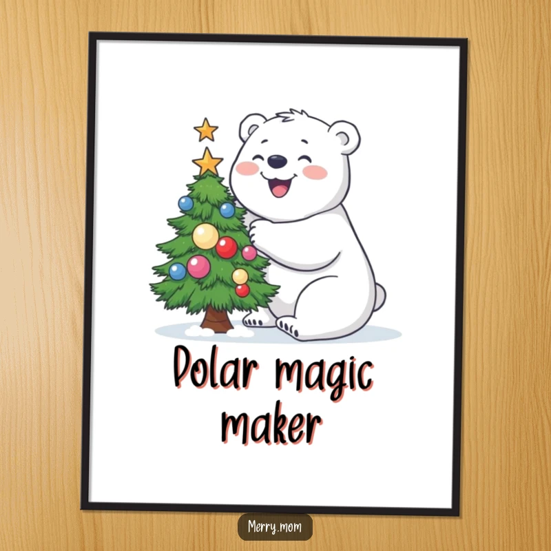 Funny Polar Bear Digital Art Print of a joyful polar bear building a small, decorated Christmas tree, for instant decor.