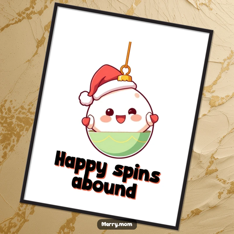 Funny digital art print of a cute Kawaii Christmas ornament character happily spinning, perfect for holiday decor.