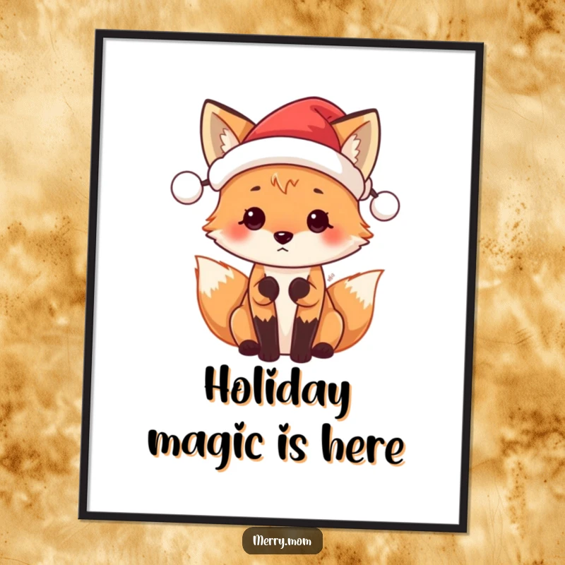Funny Santa Fox digital art print of a cute fox wearing a tiny Santa hat, full of festive anticipation.