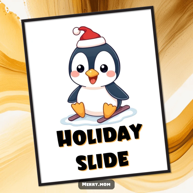 Funny digital art print of a happy penguin wearing a Santa hat, sliding on ice, ready for instant display.