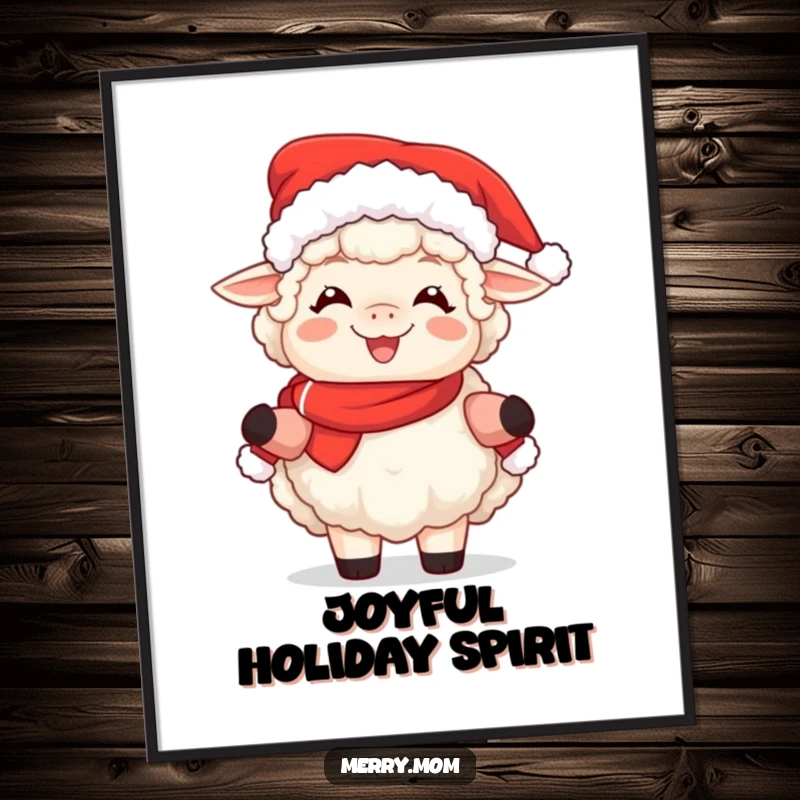 Funny digital art print of a fluffy sheep dressed joyfully as Mrs. Claus, ready for the holidays.