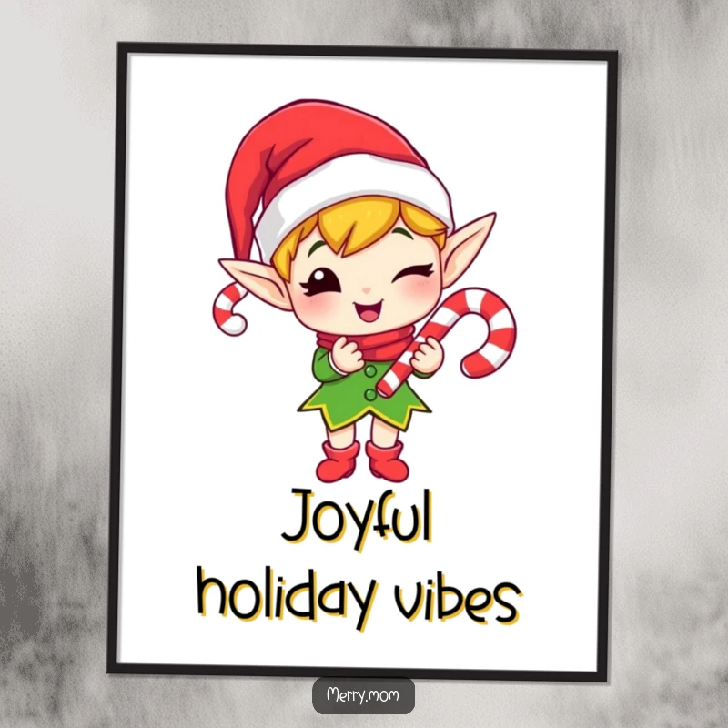 Funny digital art print of a merry elf winking and gifting a candy cane, festive and charming.