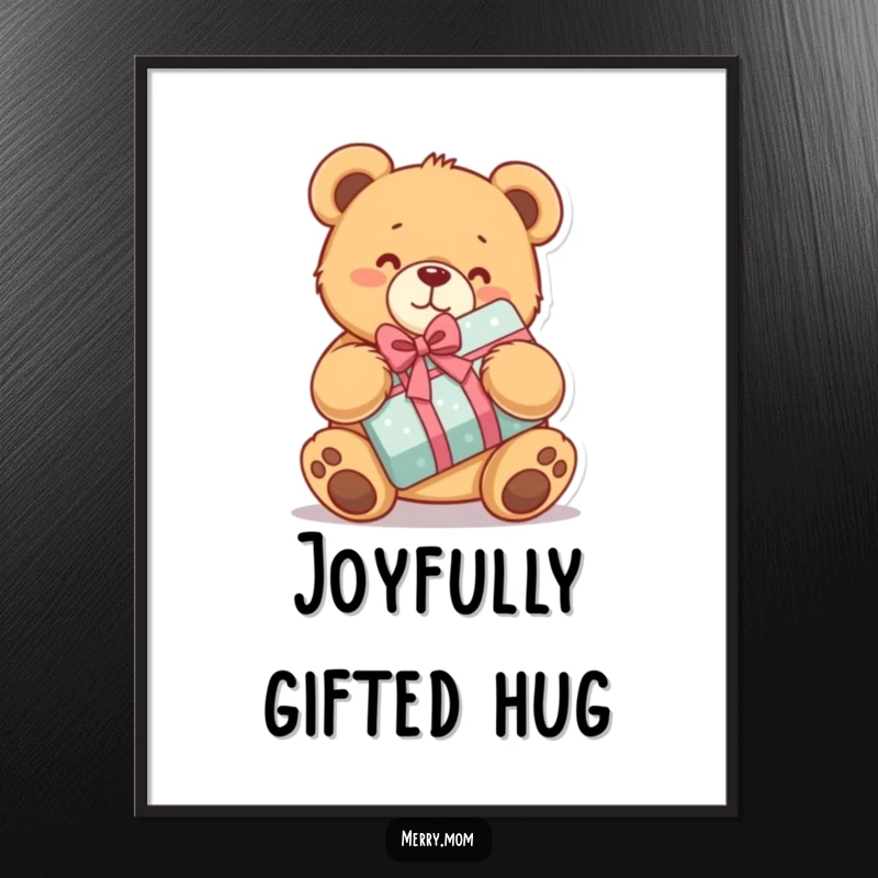 Funny digital art print of a kawaii teddy bear hugging a wrapped present with delight, a heartwarming and charming piece.