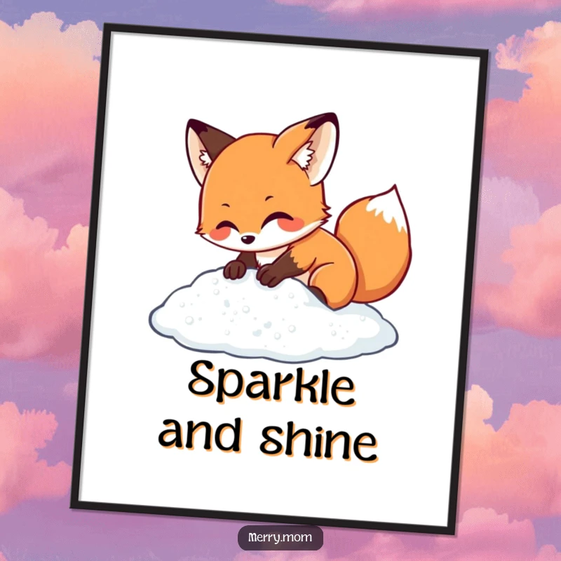 Kawaii fox character digging in sparkling snow, instant humorous winter wall art for cozy homes.