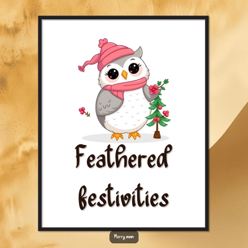 Kawaii owl mom decorating a small Christmas tree with berries, instant humorous holiday wall art for festive homes.