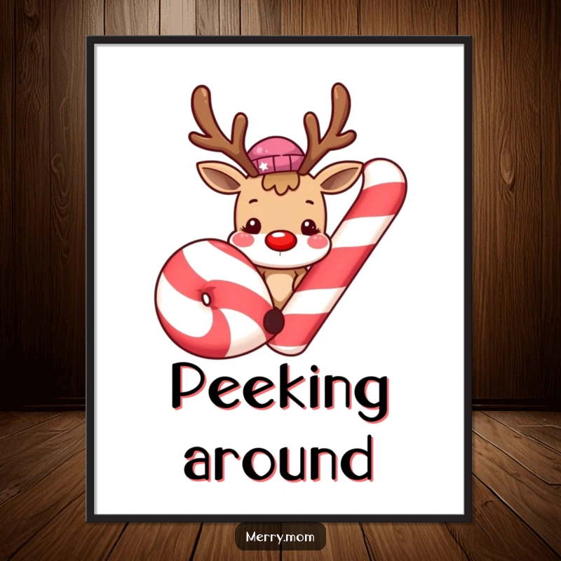 Cute smiling reindeer peeking from behind a giant candy cane, captured in exciting digital art for immediate download and display.
