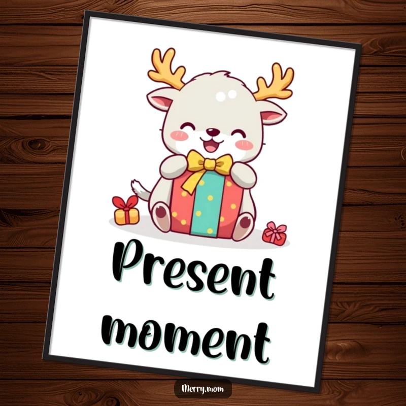 Funny digital art print of a cute creature with festive antlers, joyfully unwrapping a gift, capturing the essence of holiday delight.