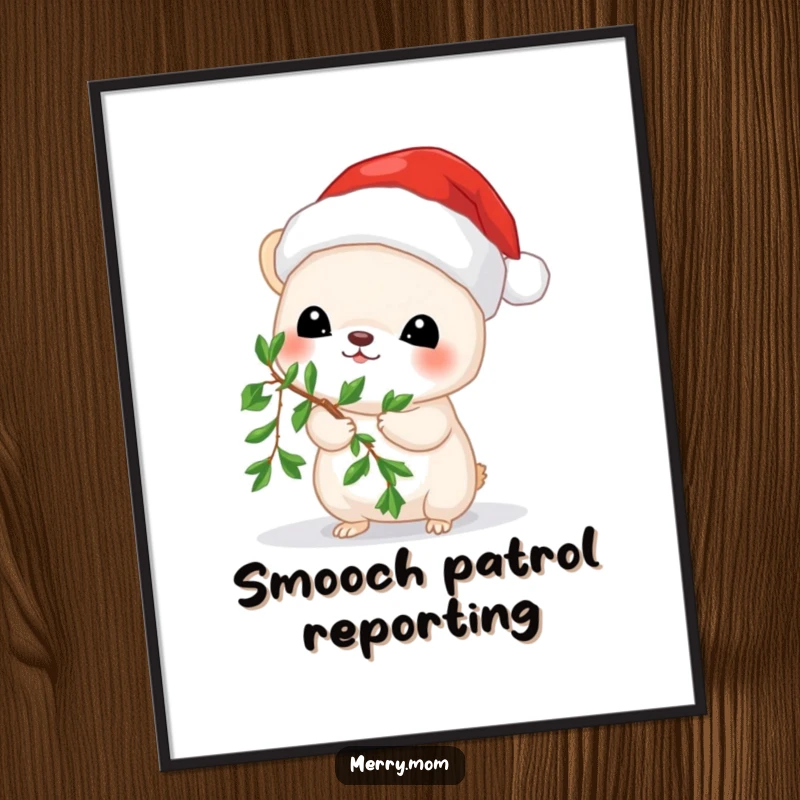 Funny digital art print of a small animal wearing a Santa hat and holding mistletoe, ready for festive decoration.