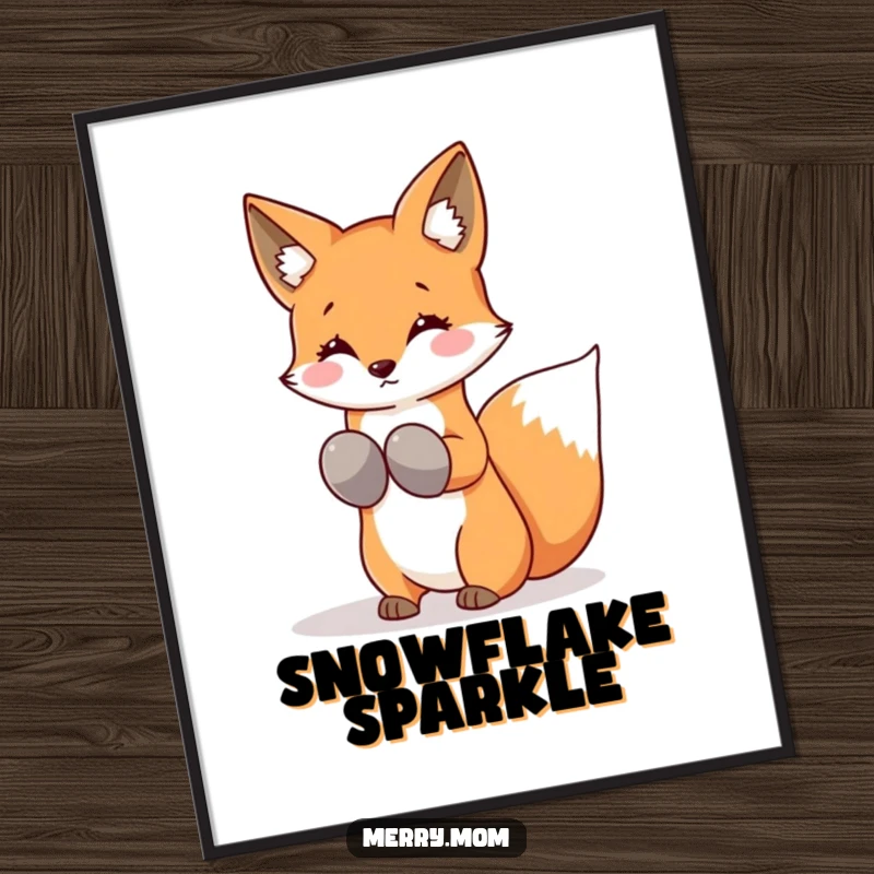 Funny Kawaii Fox Digital Art Print, wearing mittens and shaking snowflakes from its tail, for instant winter decoration.