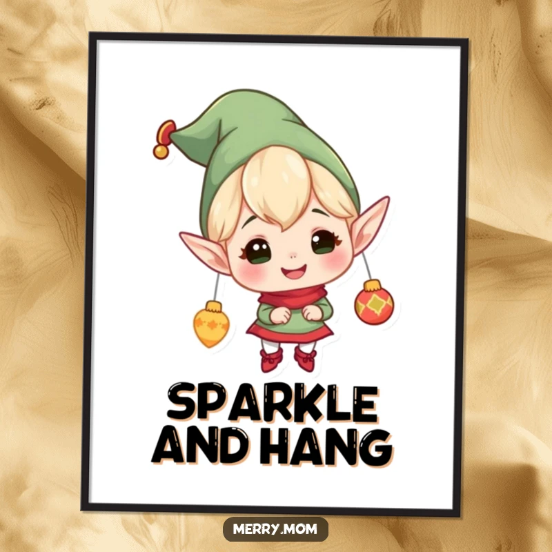 Funny digital art print of a cheerful elf character with pointy ears, gleefully hanging ornaments, ready for instant holiday decorating.