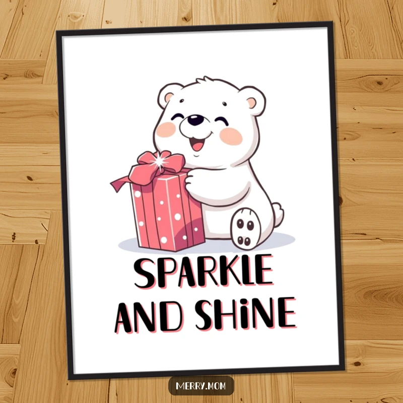 Funny digital art print of a smiling polar bear character joyfully unwrapping a sparkly gift, ready for instant holiday decorating.
