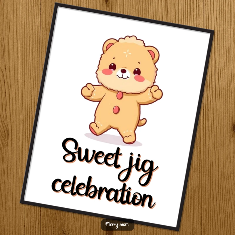 Funny digital art print of a fluffy animal dressed as a gingerbread man, doing a jig, bringing instant holiday cheer.