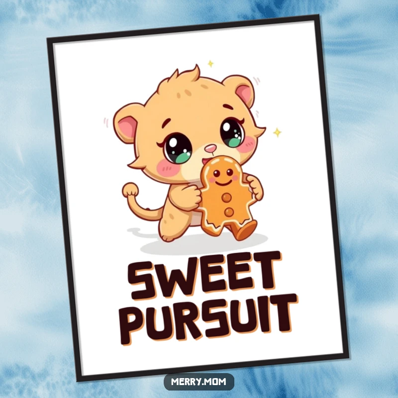 Funny digital art print of a cute creature with sparkling eyes, chasing a mischievous gingerbread cookie, perfect for playful wall art.